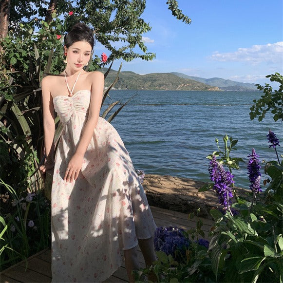 2025 Sweet and fresh floral suspender dress female temperament celebrity design sense super fairy vacation style neck dress