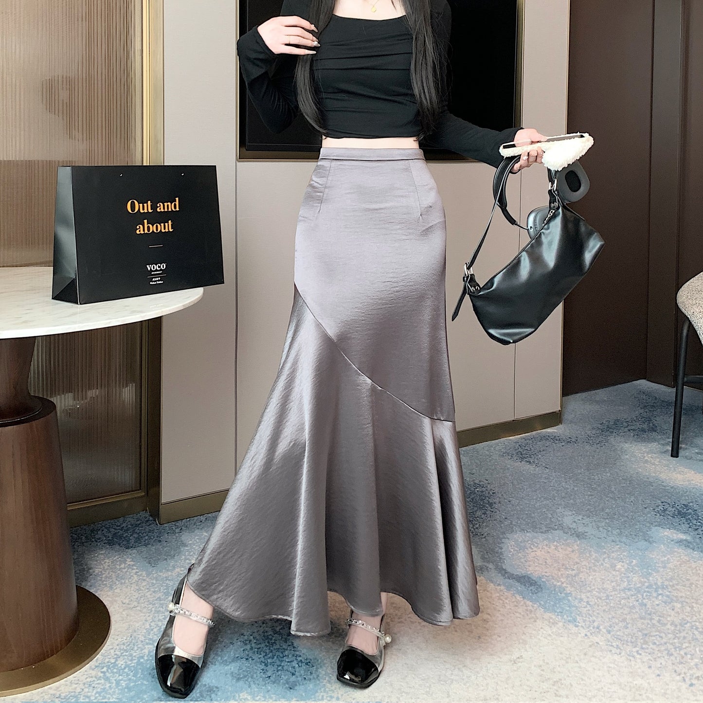 Satin skirt large size fat MM2025 spring and summer new fashion splicing fishtail skirt high waist long skirt Popular trade