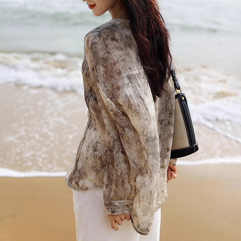 2025 High-end ramie lyocell fiber shirt, light and elegant printed V-neck ink shirt top, spring women's clothing