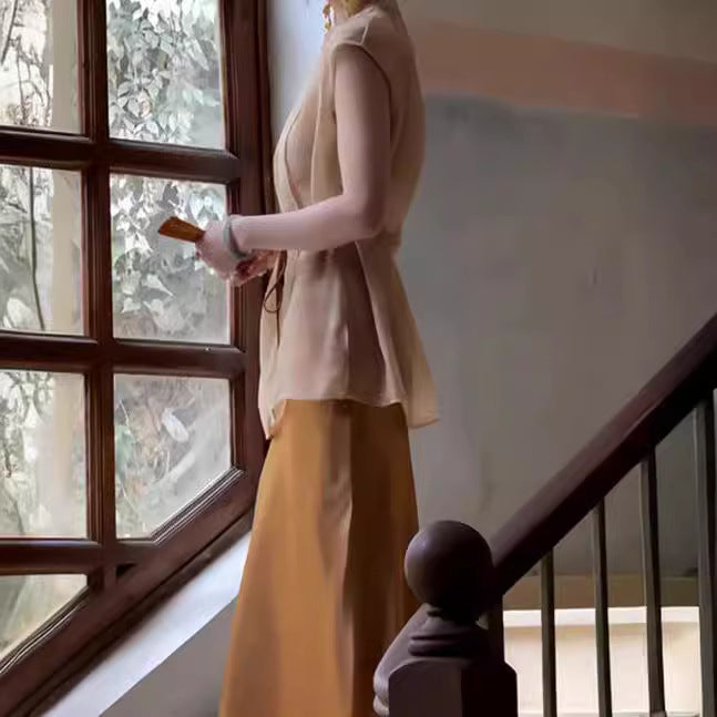 2025 popular popular beautiful new Chinese style gold sunscreen tulle shirt acetic acid suspender skirt two-piece suit women's summer