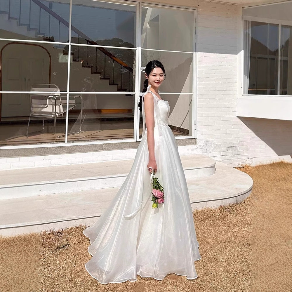2025 Suspender light wedding dress dream organza going out yarn simple travel shooting white gauze skirt outdoor wedding main yarn collar dress