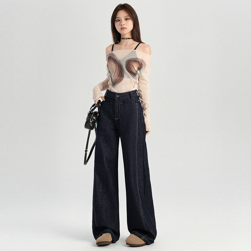 2025 Denim primary color jeans women's retro dark wide-leg pants popular autumn high waist loose and thin loose floor pants