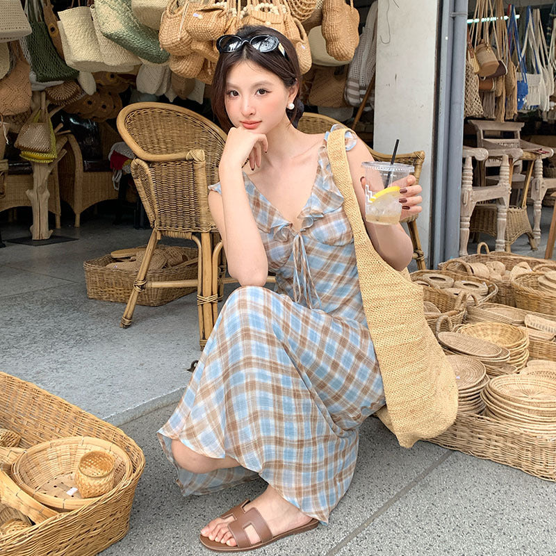 2025 Spring New Temperament Plaid Retro High Waist Dress Skinny Long Dress Women 88199