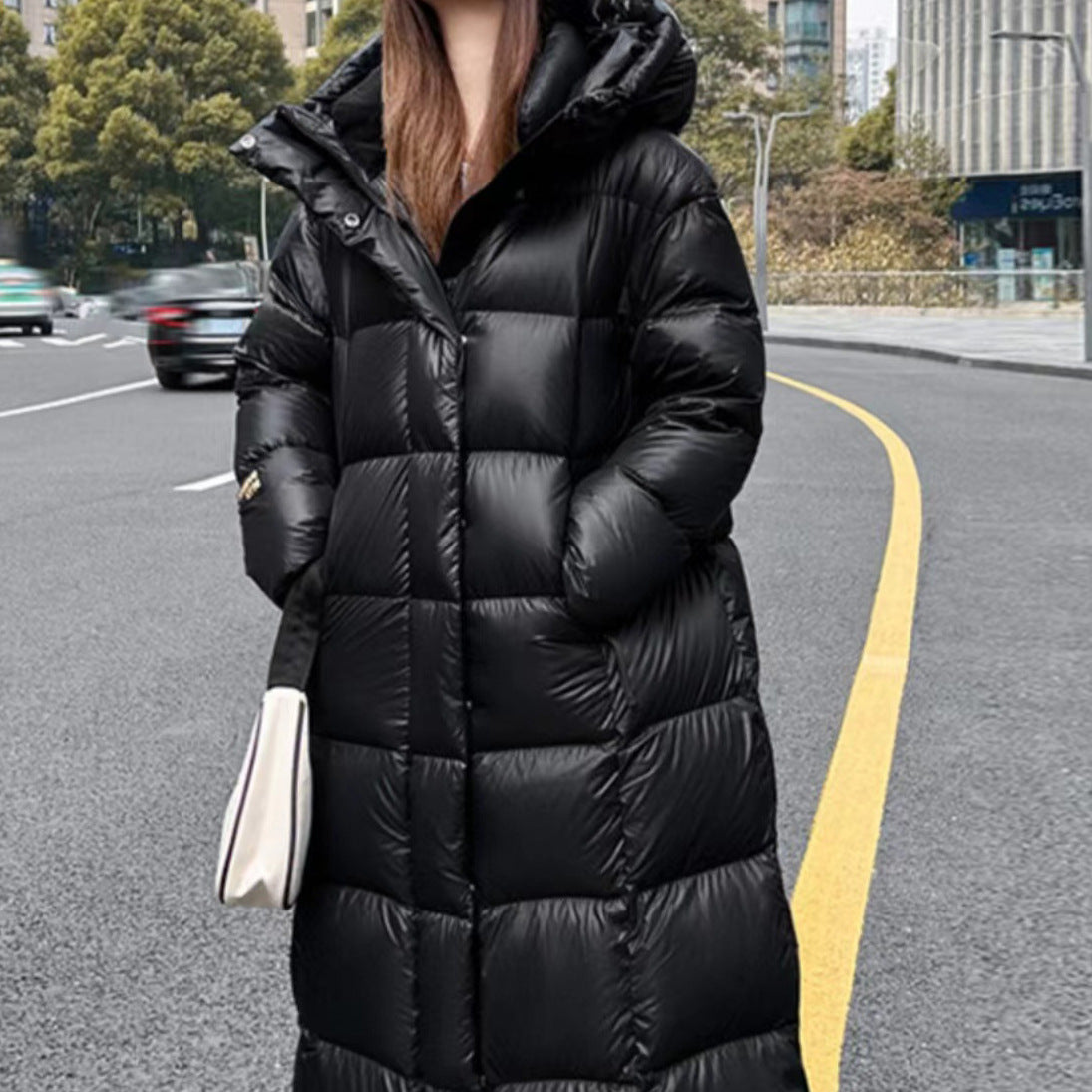 2025 Clearance black long thickened down cotton jacket women's popular hooded autumn and winter new long over knee loose down jacket