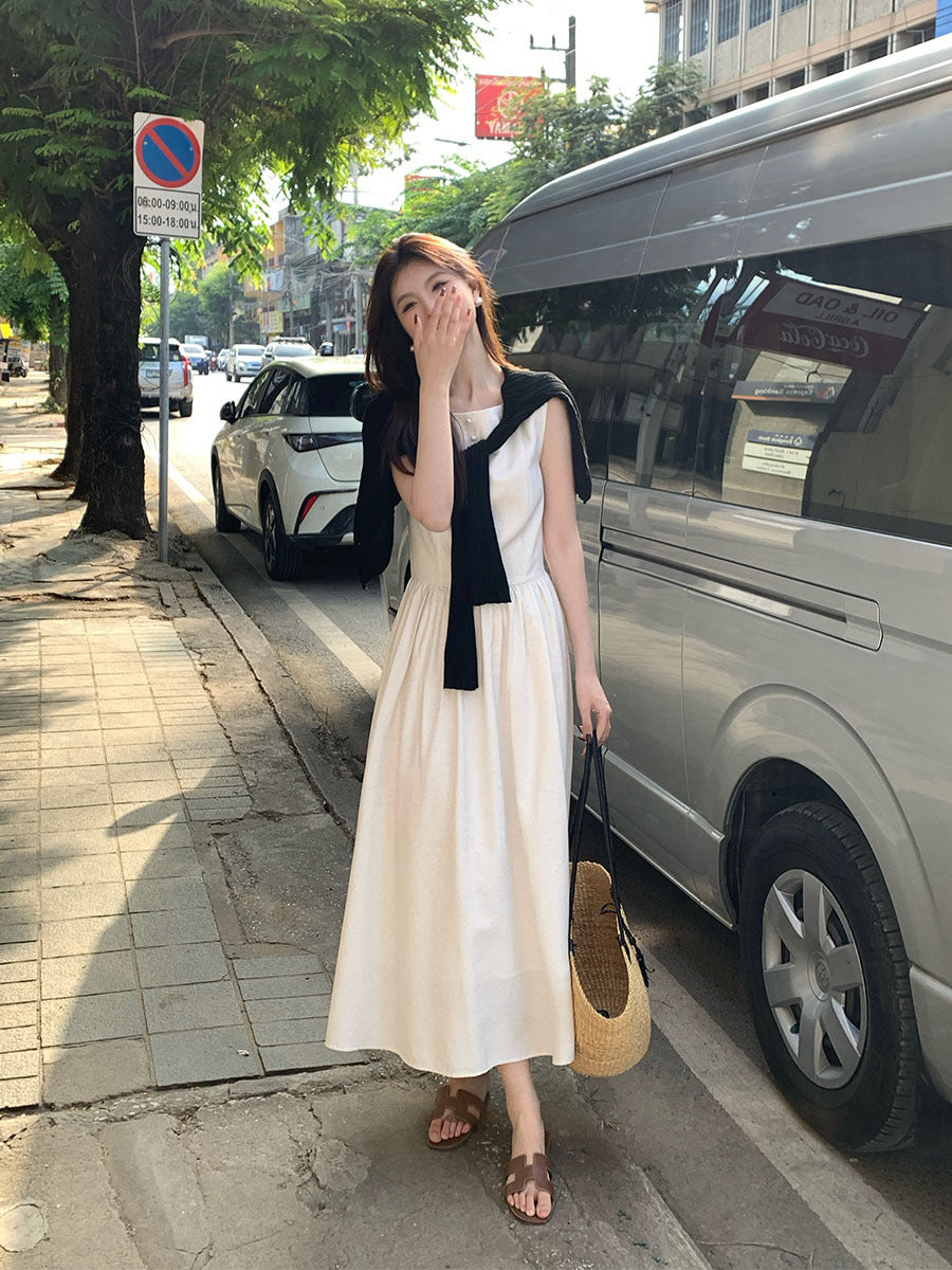 2025 spring new Korean version high waist elegant vest dress square collar solid color pure desire skirt 88168