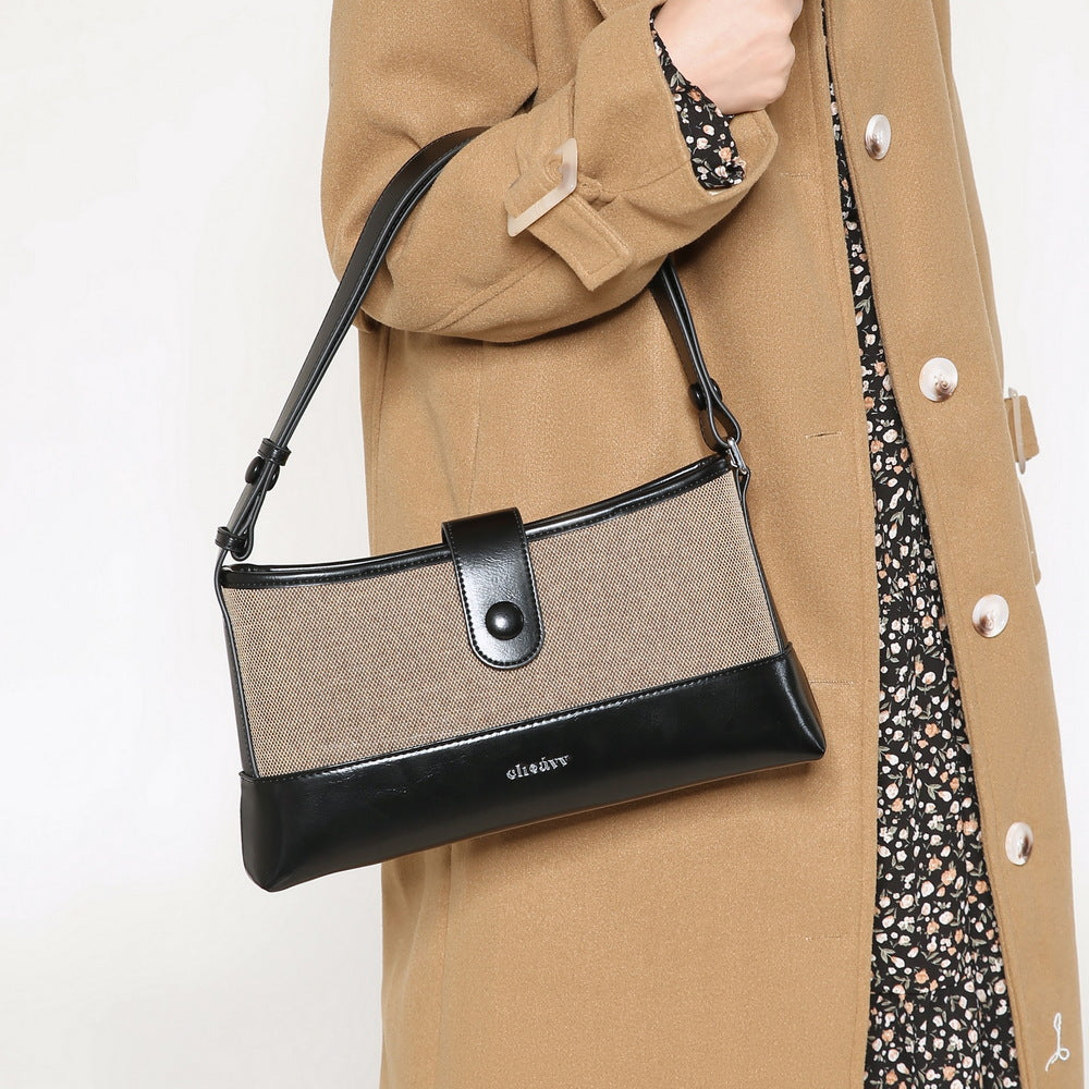 BENPAOLV 2025 Che Jingyuan same canvas bag popular spring and summer new armpit bag contrasting color splicing retro shoulder bag high-end women