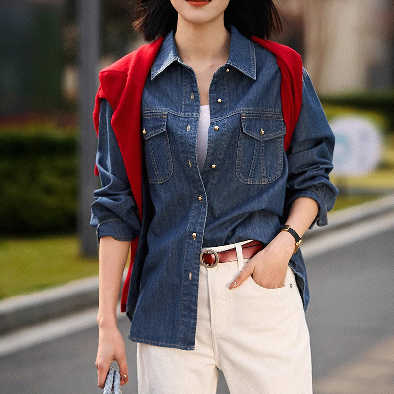 2025 Commuter stacking versatile, casual denim shirt women's spring new women's shirt blue long-sleeved top