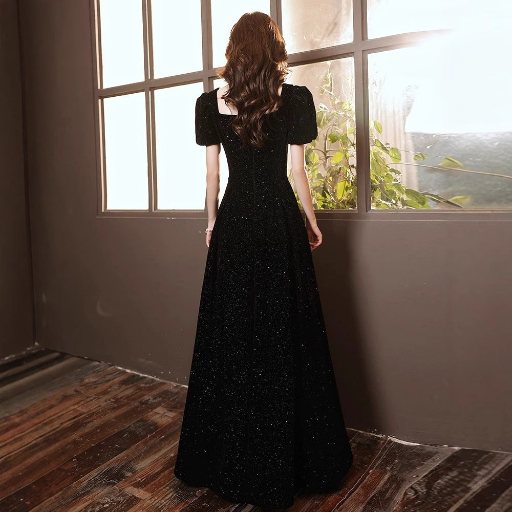 2025 Black evening dress dress, female banquet temperament, light luxury, niche, high-end art examination performance, Hepburn host, high sense