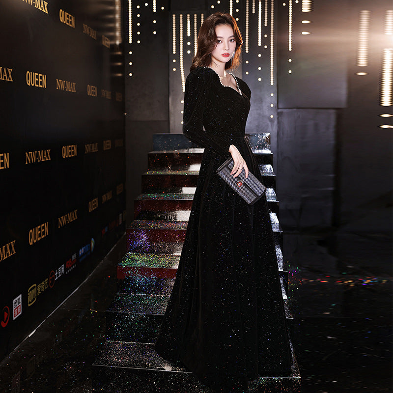 2025 Black evening dress dress, female banquet temperament, light luxury, niche, high-end art examination performance, Hepburn host, high sense
