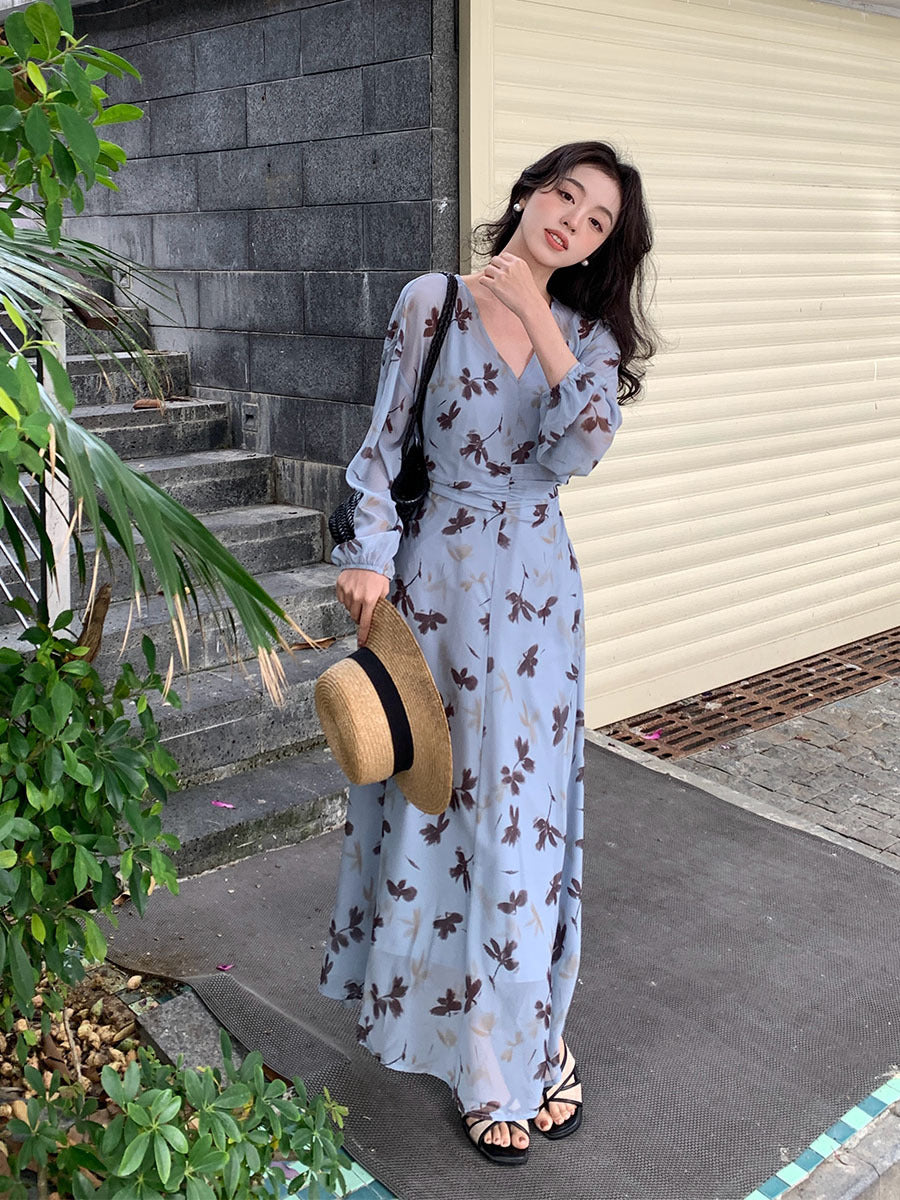 2025 Spring New Temperament Printed Retro High Waist Long Sleeve Skinny Dress 88202