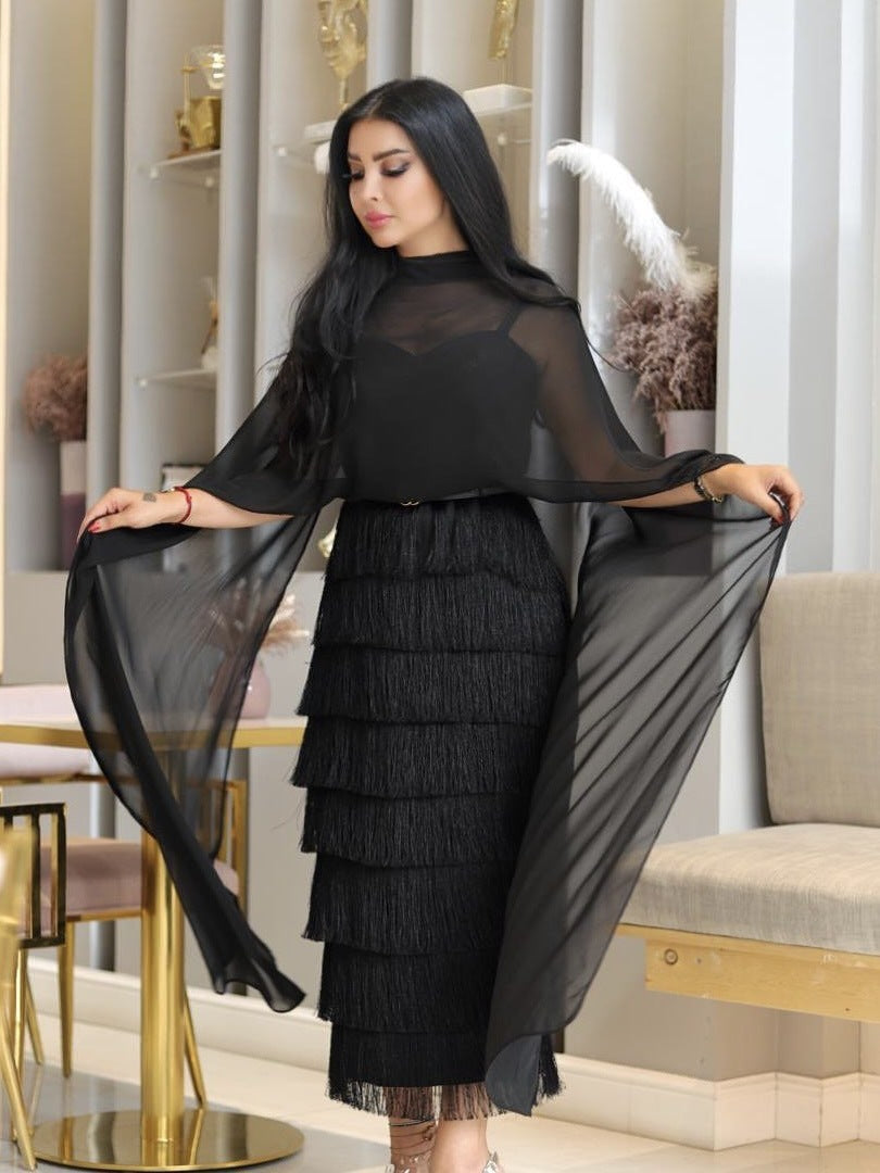 2025 Middle East women's clothing spring and summer new temperament swinging sexy high waist half body fringed splicing banquet evening dress
