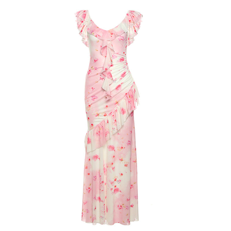 2025 style 2025 spring new women's clothing romantic lotus leaf edge waist thin pink floral dress