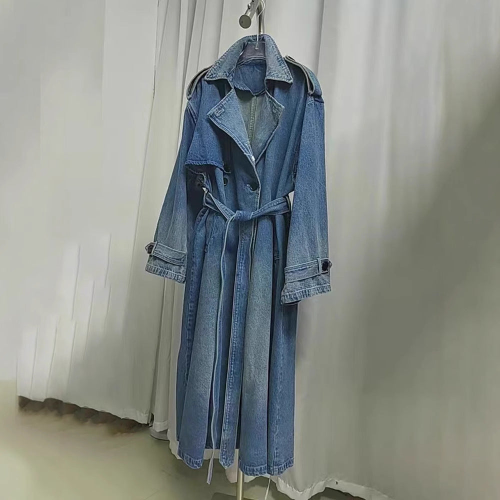 2025 Popularan wash blue denim long trench coat women's autumn temperament advanced sense retro casual double-breasted denim coat