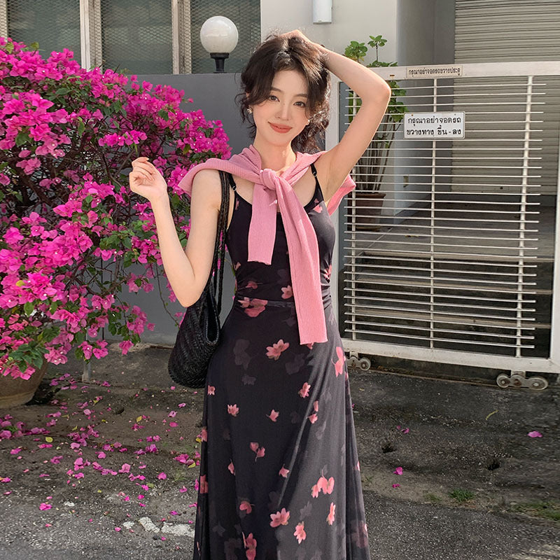 2025 spring and summer new pure desire mesh high waist suspender dress vacation printed dress children 88218