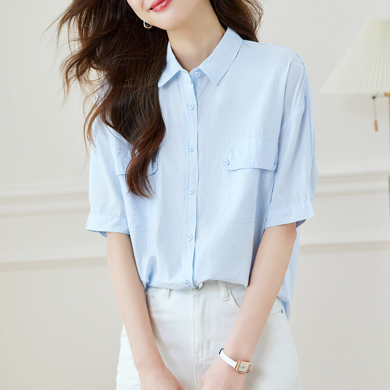Cotton cocoon, cotton lapel collar double pocket short-sleeved shirt summer new casual versatile shirt