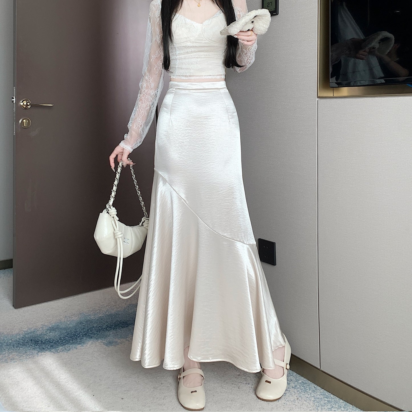Satin skirt large size fat MM2025 spring and summer new fashion splicing fishtail skirt high waist long skirt Popular trade