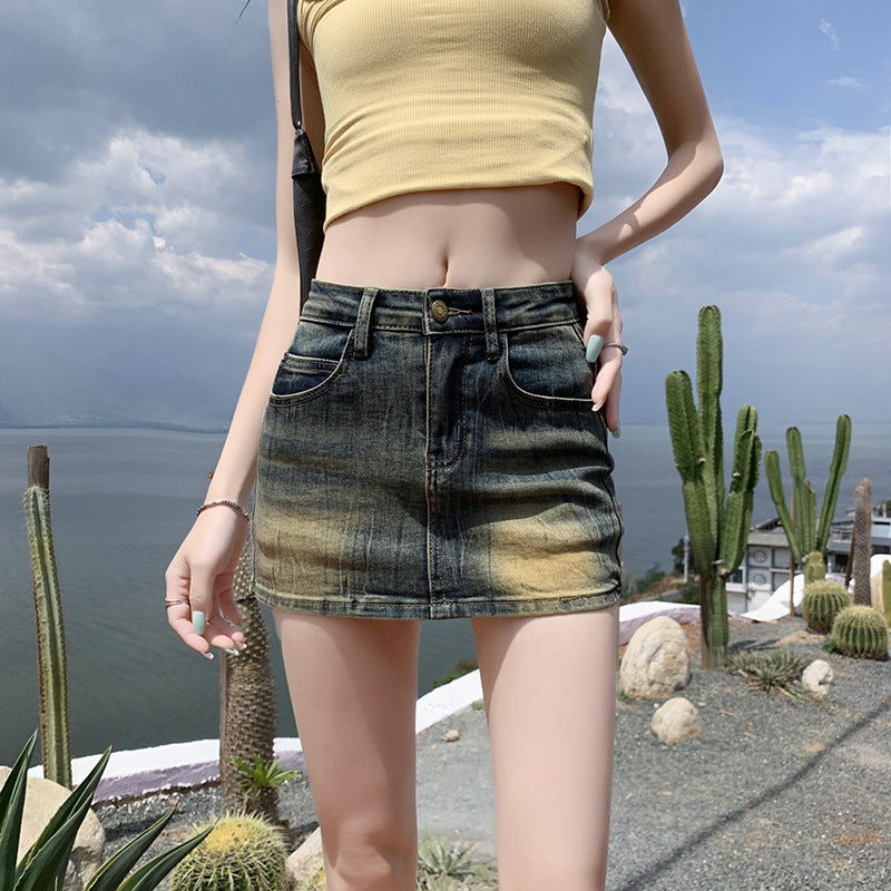 2025 Light-colored denim skirt women's summer popular new high-waisted and thin rear bag embroidered a-word versatile miniskirt
