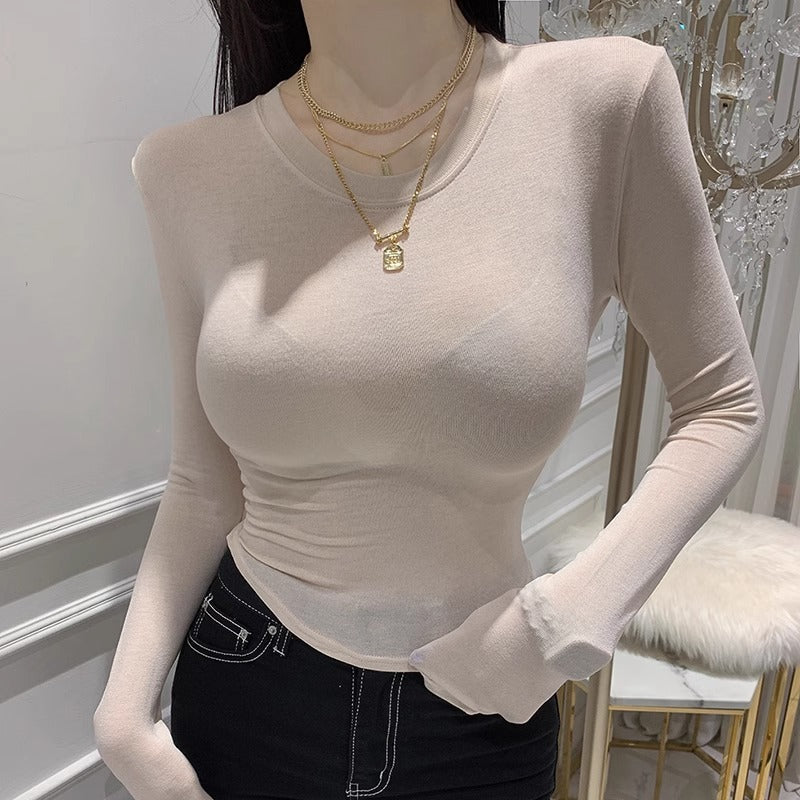 Micro-transparent long-sleeved T-shirt women's 2025 new fashion shows a sexy figure, tight bottoming shirt, inner top Dongdaemun