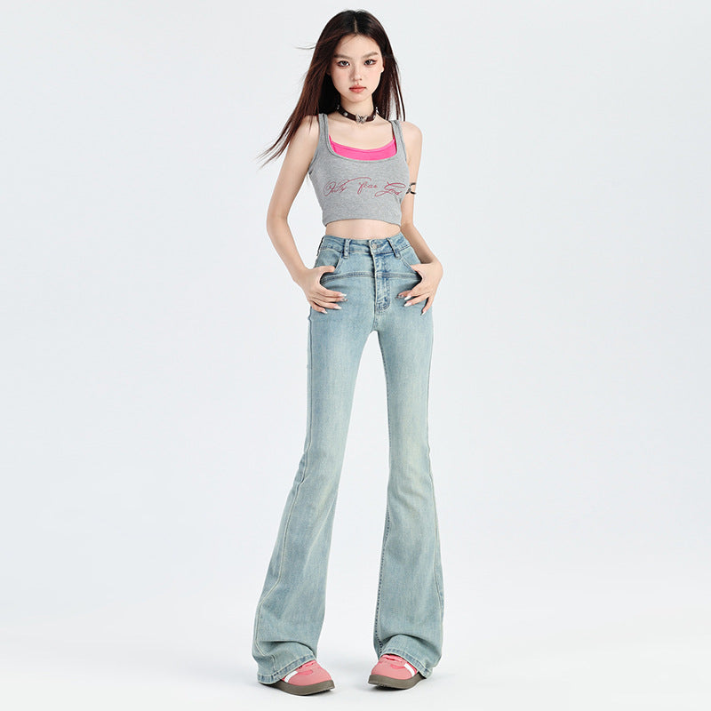 2025 Light-colored micro-flared jeans for women's spring and autumn popular new high-waisted and thin small Spice Girls horseshoe flared pants