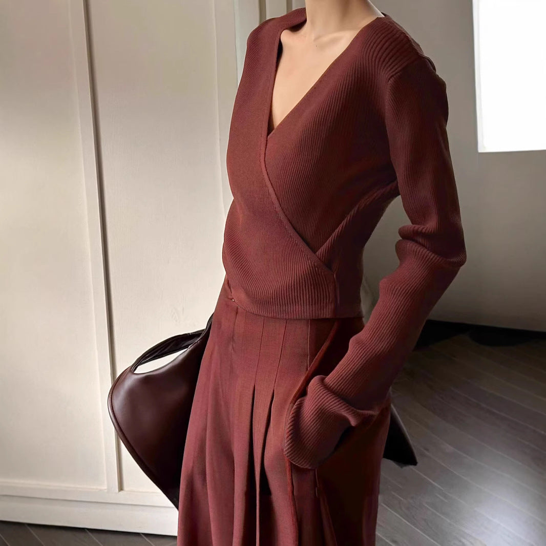 2025 Spot Angola burgundy V-neck sweater wide-leg pants two-piece set, new salt light ripe high-end commuter set