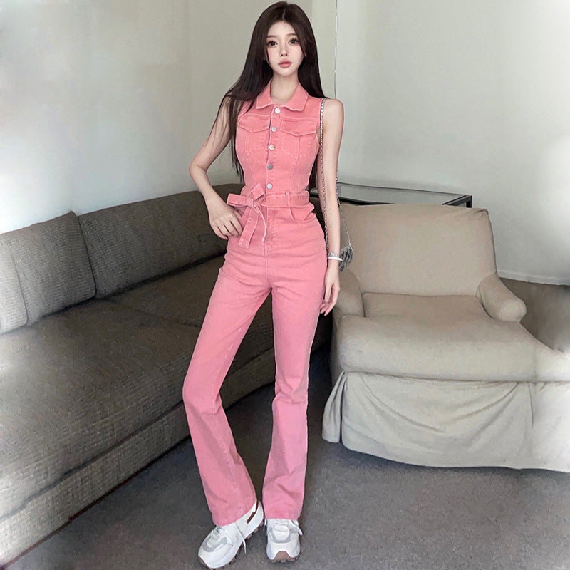 Denim jumpsuit women's 2025 summer dress new fashion retro Spice Girl design sense strap lapel sleeveless waist pants