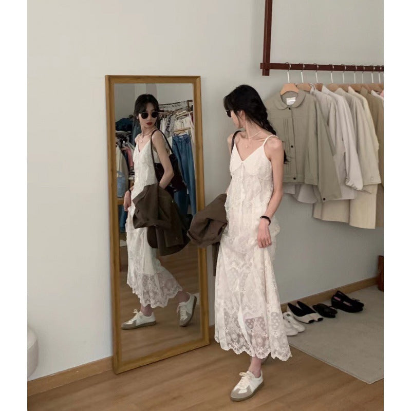 2025 spring dress ruffle lace suspender dress women's summer thin gentle temperament holiday dress with a set