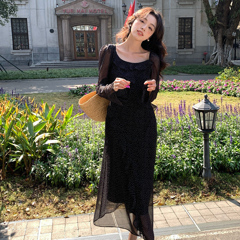 2025 Spring New Retro High Waist Long Sleeve Dress Sub-print Pure Desire Vacation Dress Women 88209