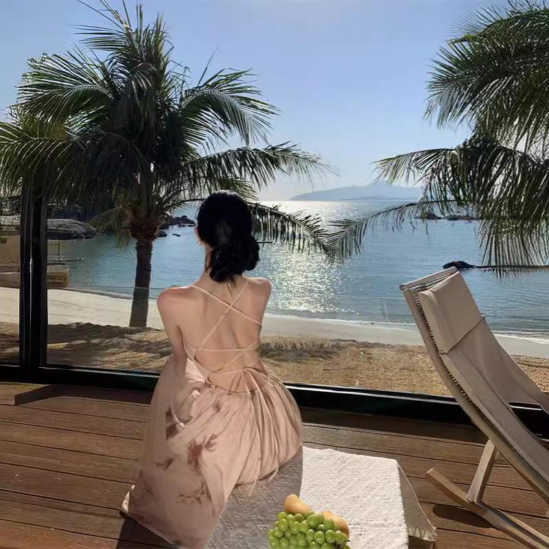 2025 Sanya travel wear seaside beach skirt female super fairy photo Mori halter suspender dress vacation dress