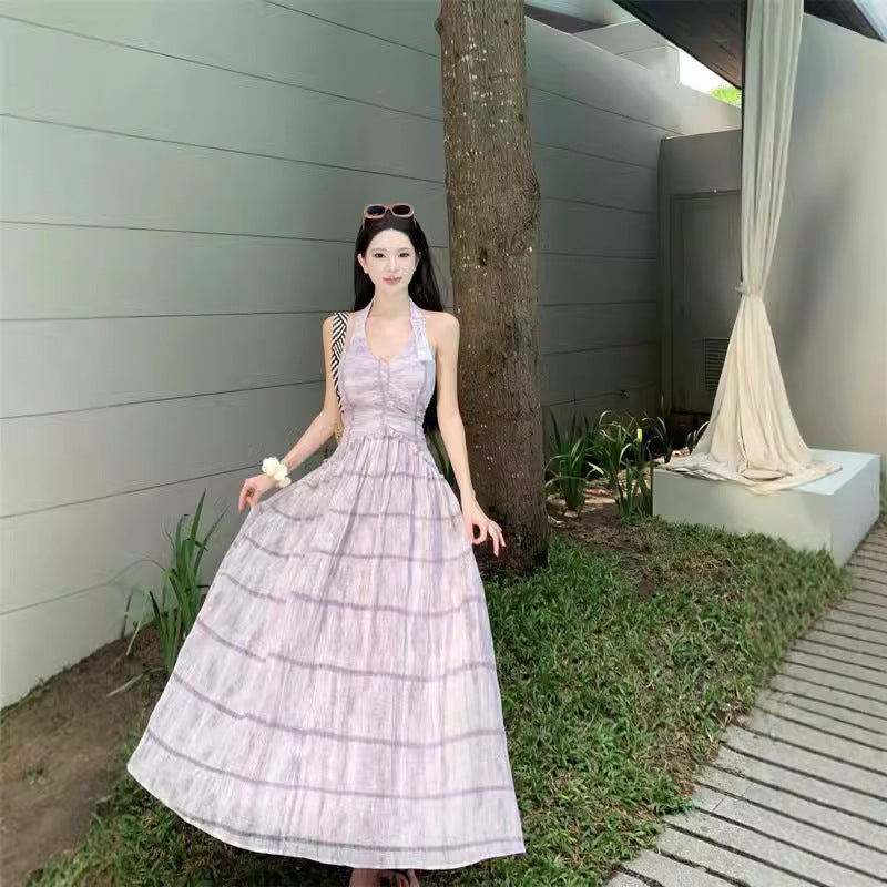2025 Purple sleeveless neck suspender dress women's clothing summer 2025 new seaside vacation temperament dress