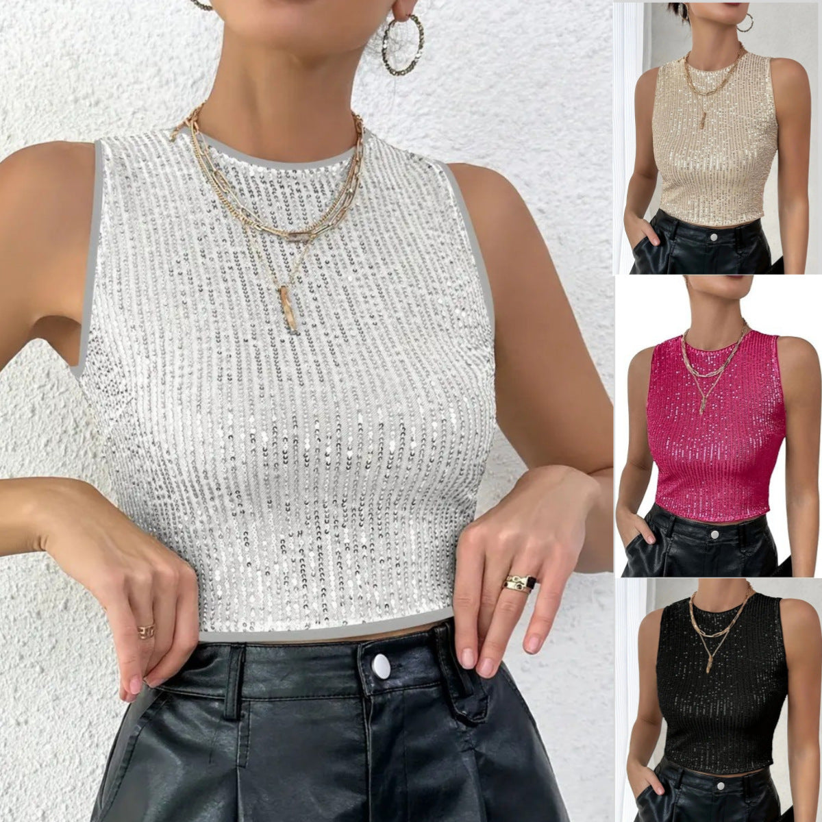 Popular, 2025 and popular new summer sequins fashion casual personality trend slim-fit small vest (4 colors)