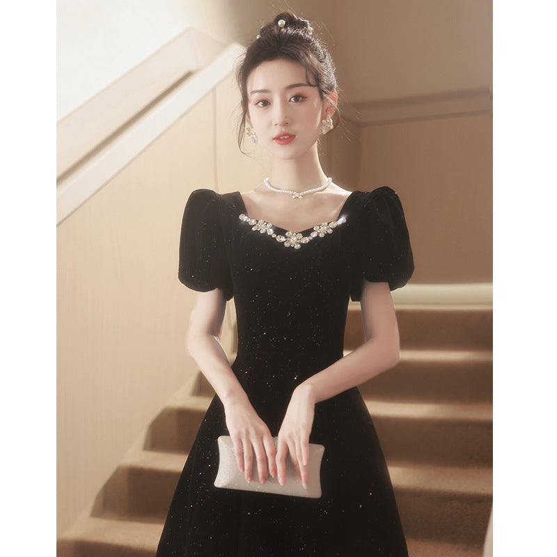 2025 Black evening dress dress, female banquet temperament, light luxury, niche, high-end art examination performance, Hepburn host, high sense