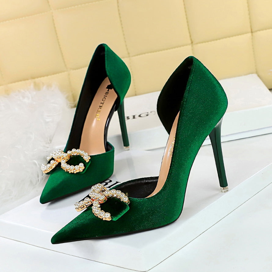 2025 1363-AK79 banquet women's shoes high heel suede shallow mouth pointed side hollow rhinestone buckle pearl bow single shoes