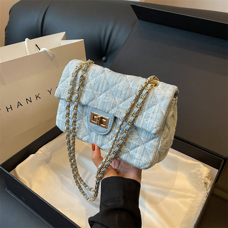 BENPAOLV 2025 fashion classic embroidery thread rhombus denim bag new simple Popular style chain single shoulder oblique span bag