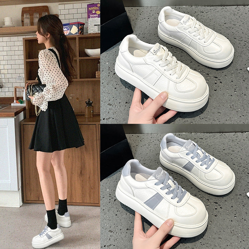2025 Leather little white shoes women's spring fashion versatile thick-soled heightening soft bread shoes lace-up casual sports shoes tide