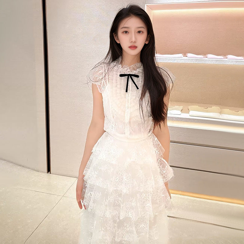 Summer Korean sweet and gentle wind waist cake skirt women's short fashion lace shirt skirt set N3033