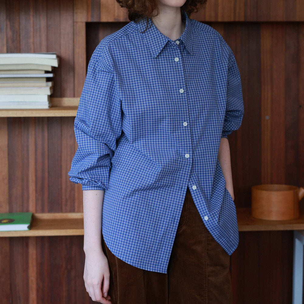 2025 Classic Retro Two-Color Blue Checkered Simple Autumn Long Sleeve Shirt
