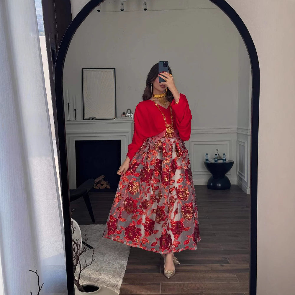 2025 spring and summer new New Popular trade women's clothing independent station Middle East flower jacquard embroidered evening dress