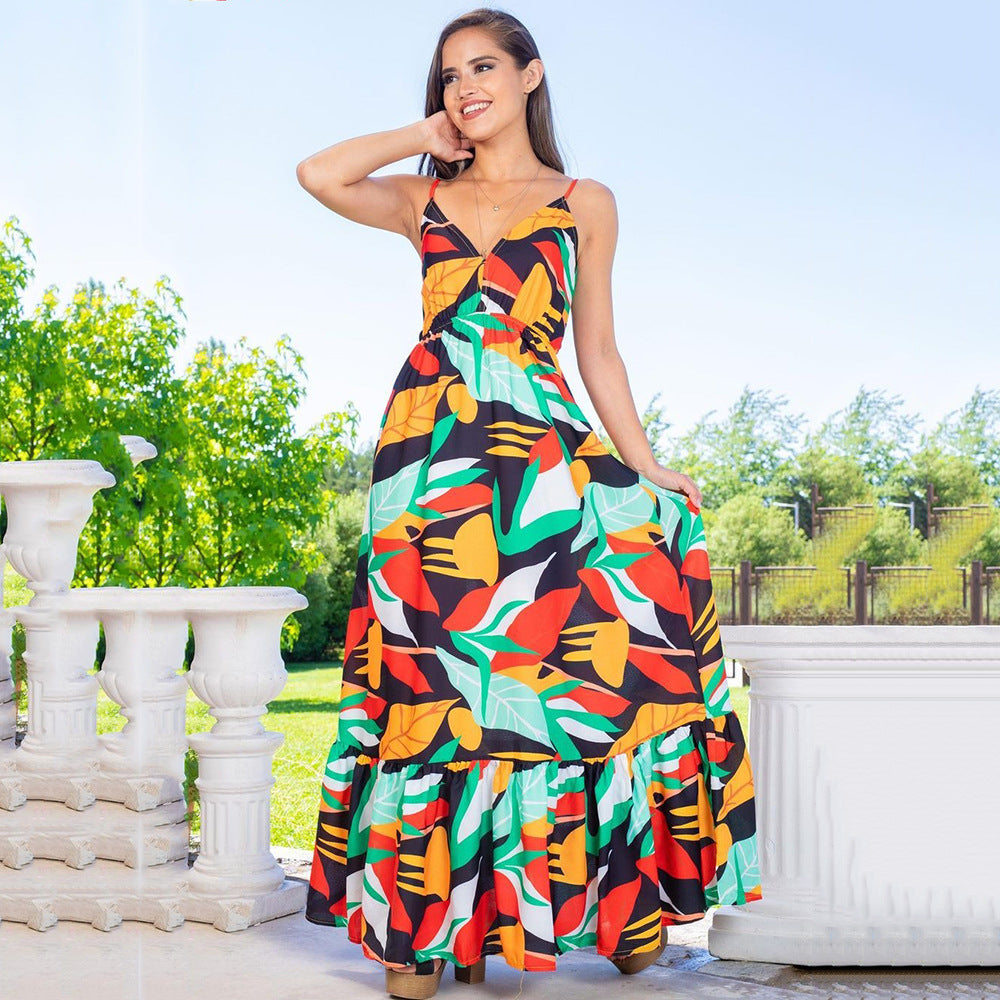 2025New summer new women's clothing backless dress, thin waist long dress temperament split suspender skirt