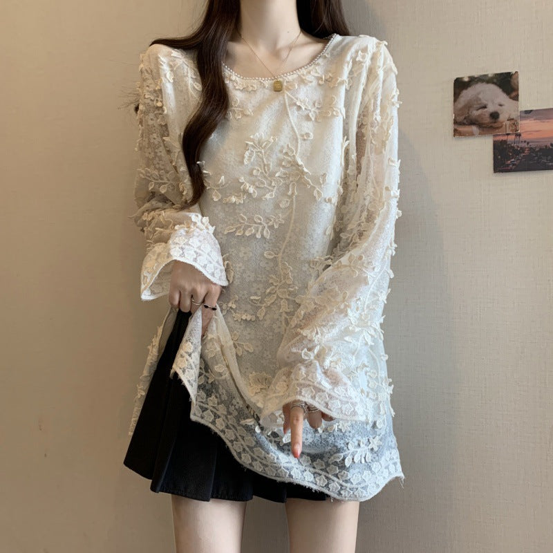 Large size women's clothing 2025 spring new retro jacquard chiffon shirt women's high-end age-reducing shirt top women's clothing