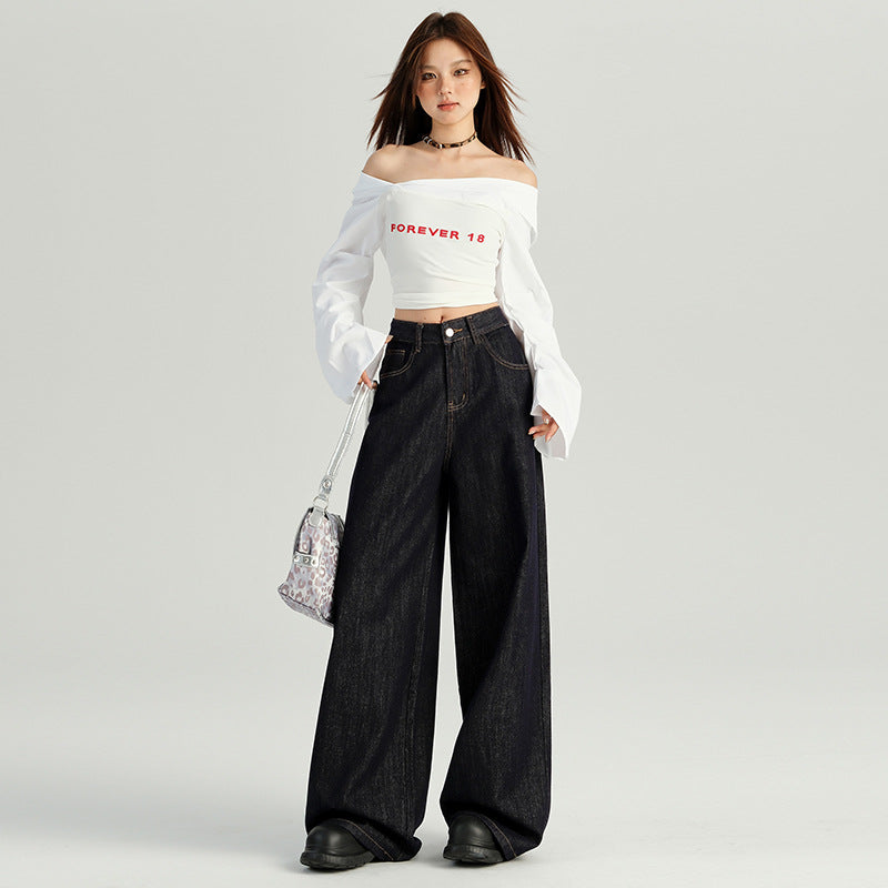 2025 Wholesale hair generation n retro high waist wide leg jeans women's dark blue autumn new loose lazy straight tube