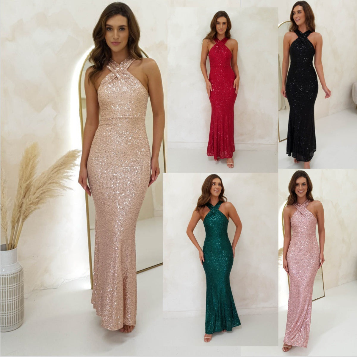 2025 New dress summer fashion sequins hanging neck sexy hip wrap elegant dress dress (5 colors)