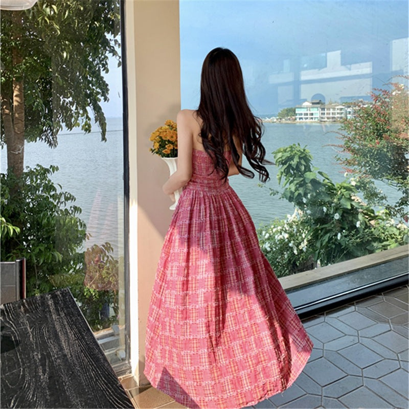 2025 temperament rose pink plaid sleeveless sling tube top dress retro waist vacation style long skirt women's summer