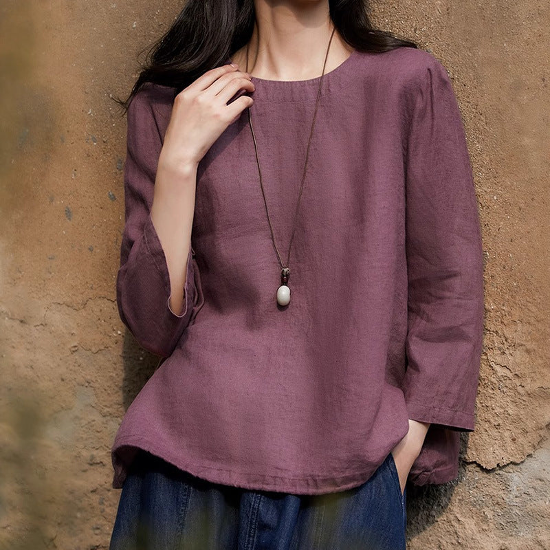 2025 Breathable 100% linen shirt, top Casual crew neck T-shirt shirt long sleeve shirt spring and autumn new women's clothing
