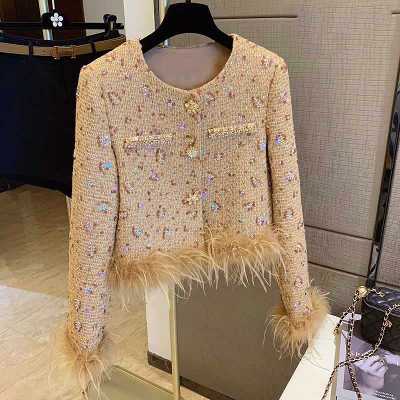 2025 popular new sequined thickened down jacket small fragrant jacket splicing ostrich hair celebrity noble top women's cardigan