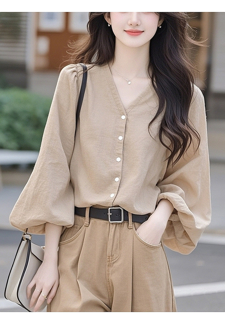 White collar lantern sleeve top women's clothing 2025 new early spring Popular style high-end wear chic lining
