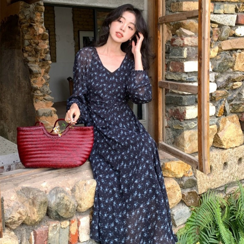 2025 Spring New Temperament Printed Retro High Waist Long Sleeve Skinny Dress 88202