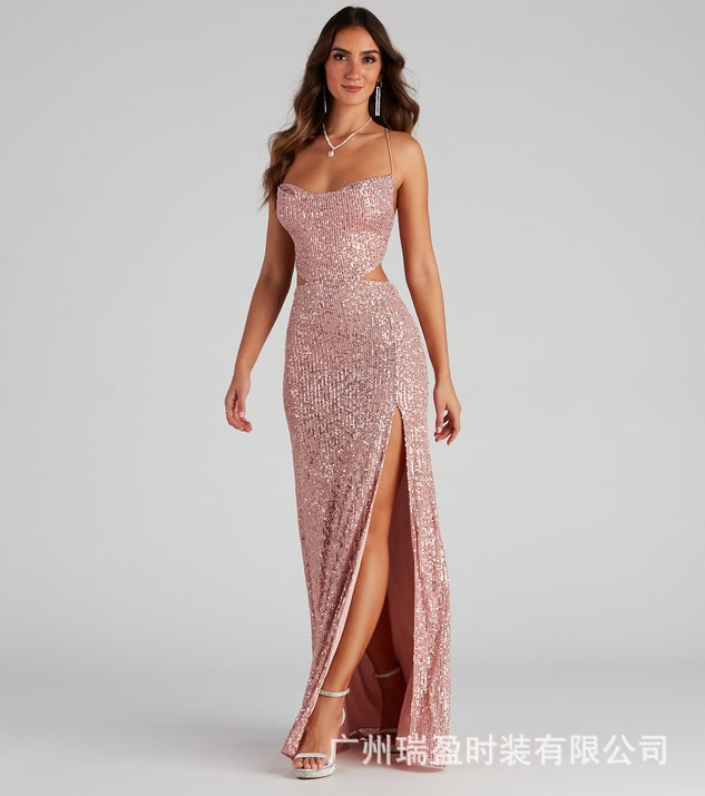 2025 popular new hot-selling sequined dress spring and summer fashionable sexy suspender backless high split celebrity gift