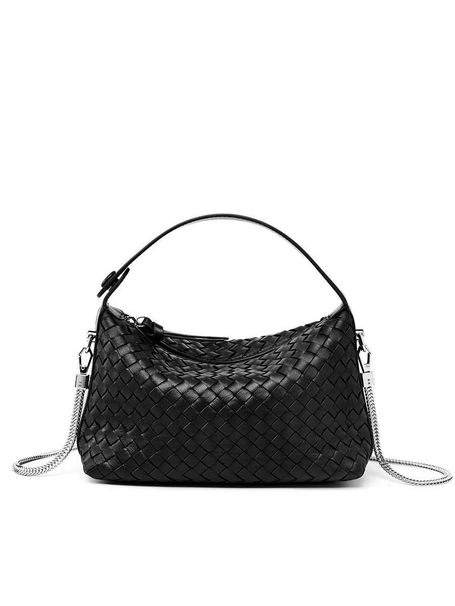 2025 Leather woven women's bag popular spring and summer new fashion sheepskin messenger bag niche design woven dumpling bag portable