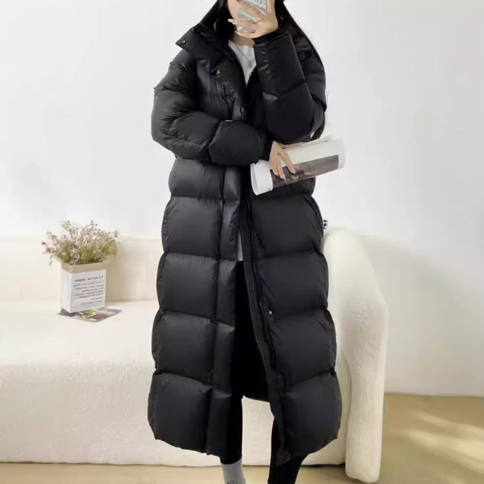 2025 Clearance black long thickened down cotton jacket women's popular hooded autumn and winter new long over knee loose down jacket