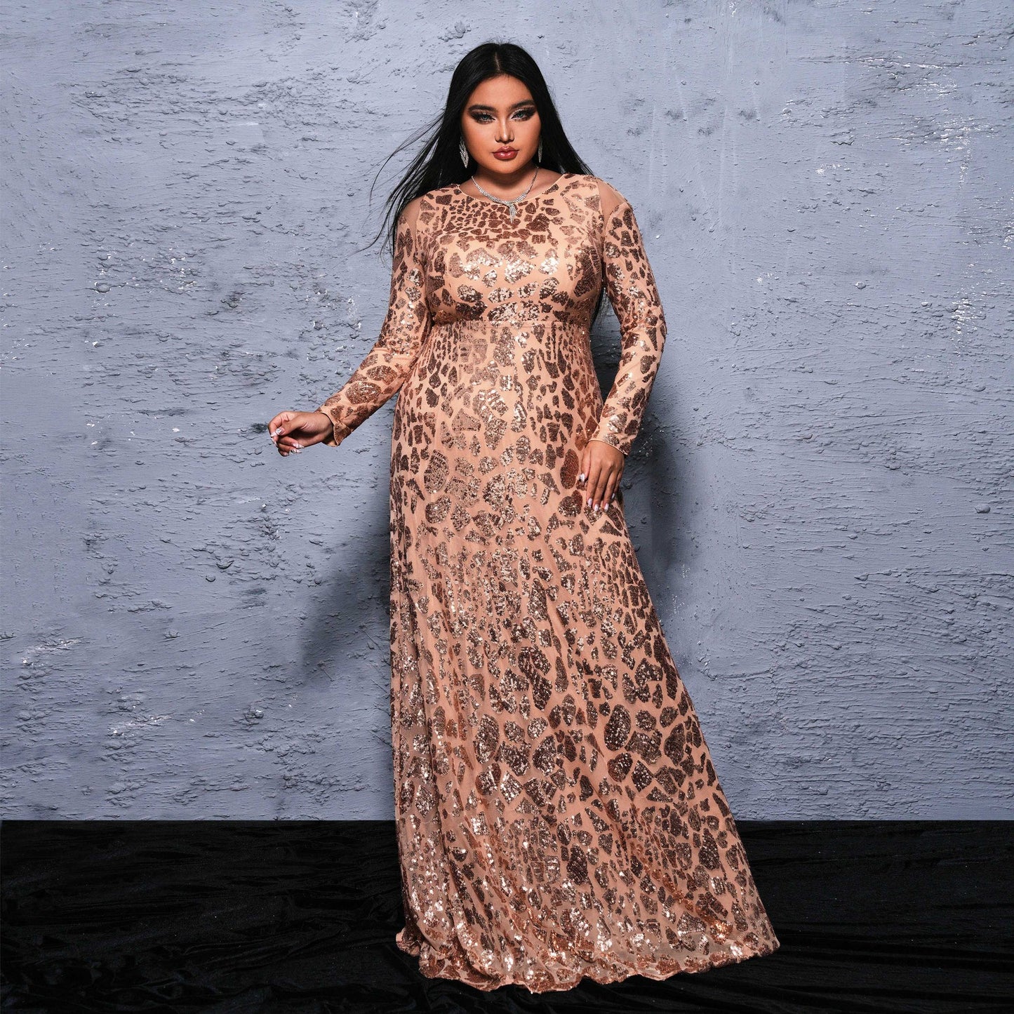 2025 Popular trade Popular, and the United States fat mm large size women's clothing long-sleeved round neck banquet sexy sequined evening dress dress
